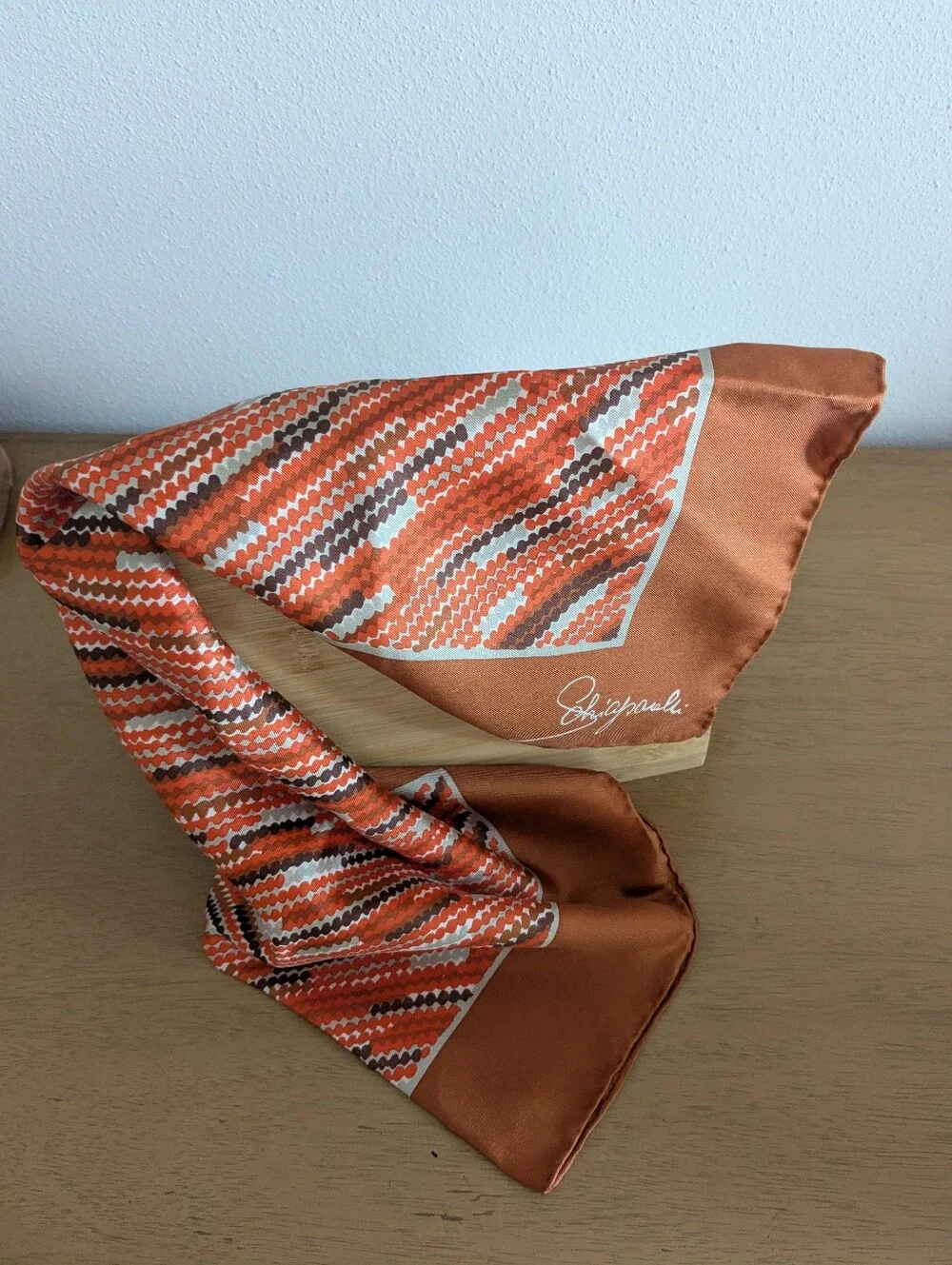 Vintage 1960s/1970s Schiaparelli Glentex Silk Scarf Geometric Rust Brown Japan